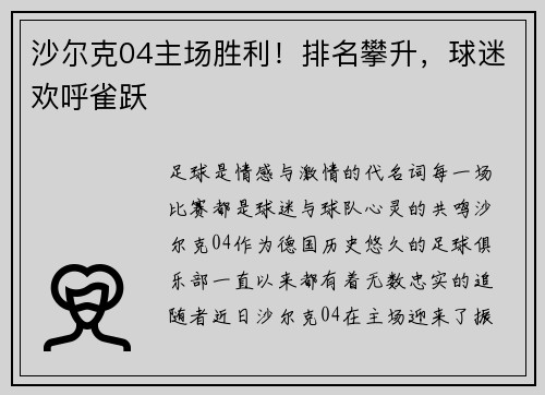 沙尔克04主场胜利！排名攀升，球迷欢呼雀跃